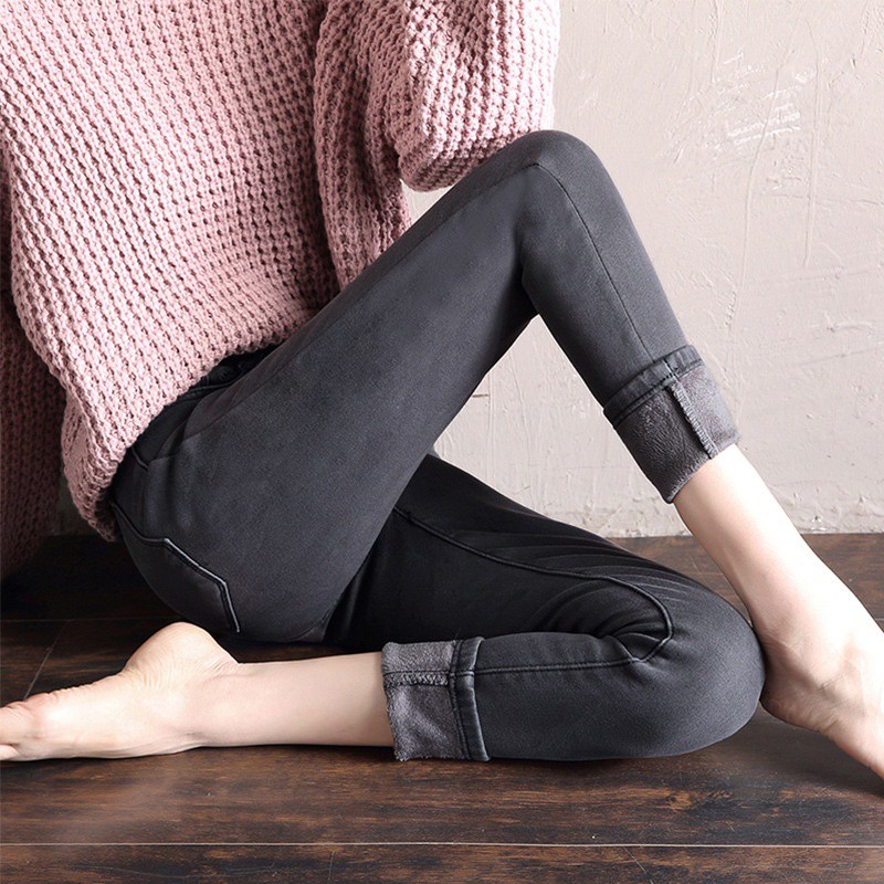 (Sẵn+ảnh thật khách chụp) ) Quần jean nữ lót lông cạp cao có giãn
