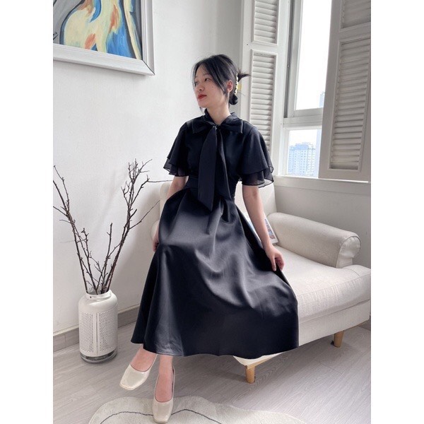 Đầm tay tiên thắt nơ cổ chất vải tapta phù hợp đi tiệc, Đầm váy nữ dài thắt nơ tay bèo xòe cánh tiên tiểu thư đi tiệc đi chơi