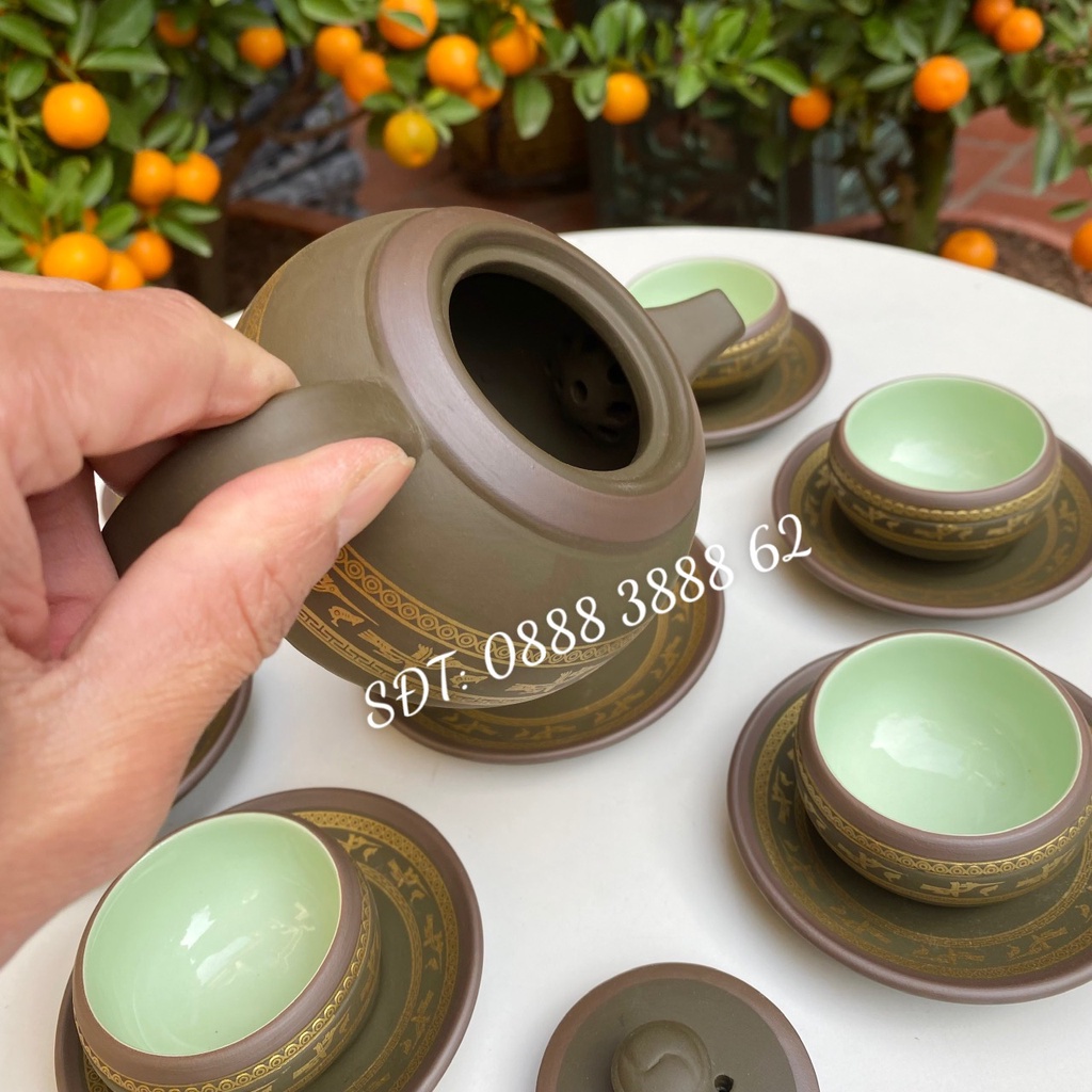 Bộ Ấm Chén Uống Trà, Bộ Ấm Chén Bát Tràng - Tử Sa Lạc Việt Xanh, Bộ Ấm Trà Trống Đồng Xanh