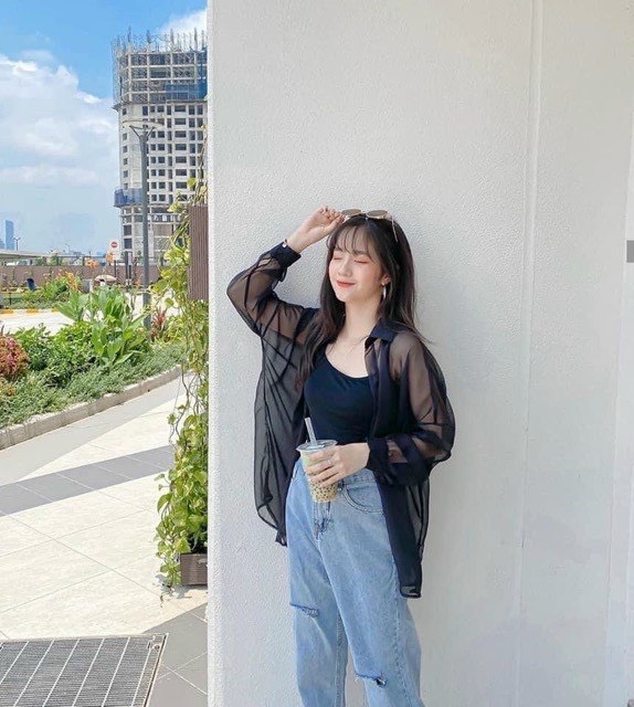[ Tặng kèm áo 2 dây ] Áo sơ mi khoác voan mỏng form oversize
