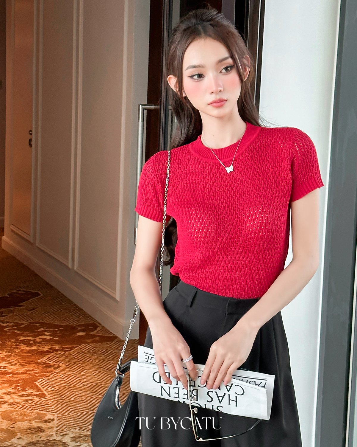 TUBYCATU | Áo len ren lỗ cổ tròn basic knit top nhiều màu