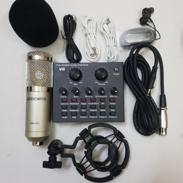 Trọn Bộ Hát Thu Âm Sound-Card V8 Micro BM900 Live Stream Oneline Tại Nhà - Bộ hát karaoke livestream giá rẻ - Combo Mic Livestream Hát Karaoke Chỉnh Giọng Chuyên Nghiệp