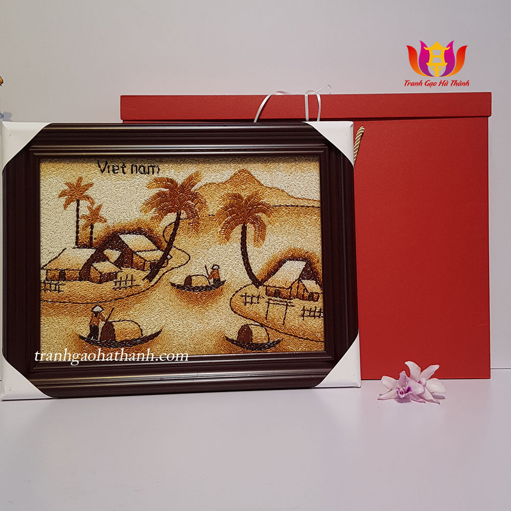 Tranh gạo sông nước VN Hà Thành, quà lưu niệm Việt Nam, quà tặng sự kiện, quà tặng doanh nghiệp, tặng 1 hộp đựng quà cao cấp.