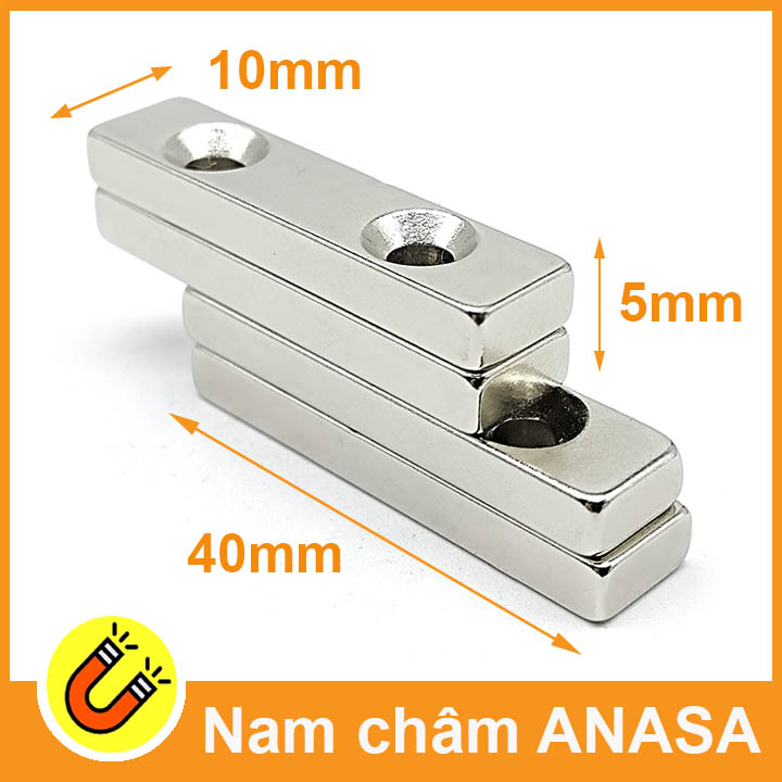 Nam châm vĩnh cửu 40x10x5mm có 2 lỗ bắt vít