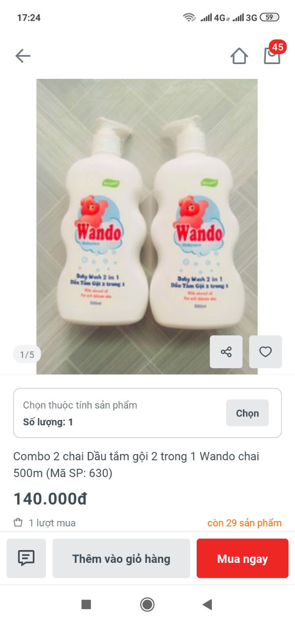 Dầu tắm gội cho bé hiệu Wando  chai 500ml