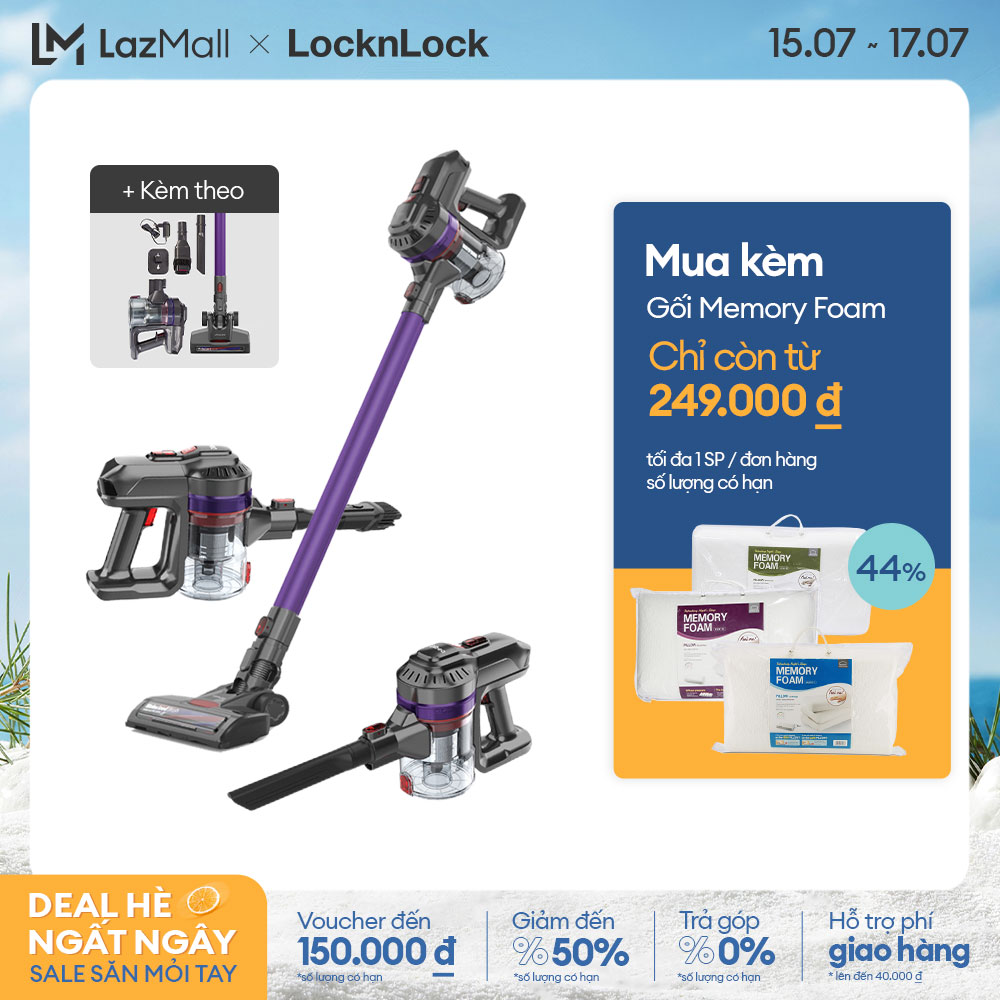 [Trả góp 0%] ENV151 - Máy hút bụi không dây cầm tay Lock&Lock - Lực hút mạnh 12000Pa - Hệ thống 4 tầng lọc - 2 tốc độ gió - Đầu chổi 2 tác động - Phụ kiện đa năng - Đổ bỏ bụi với 1 nút nhấn - Hàng chính hãng - Bảo hành 2 năm