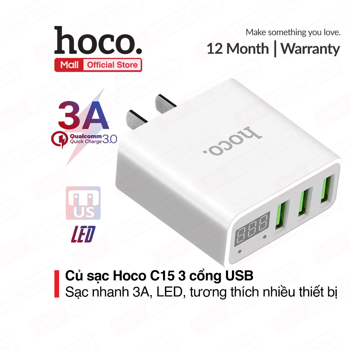Adapter Sạc 3 Cổng 3A Hoco C15