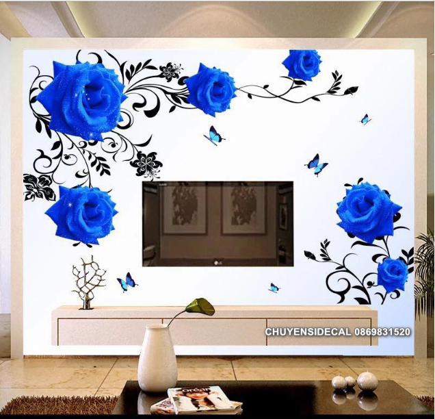 [HCM]Decal trang trí tường - Hoa Hồng Xanh hoa văn lớn ( 2 tấm )