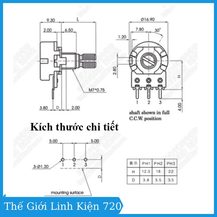 Biến trở volume 1M, chiết áp đơn 3 chân WH148