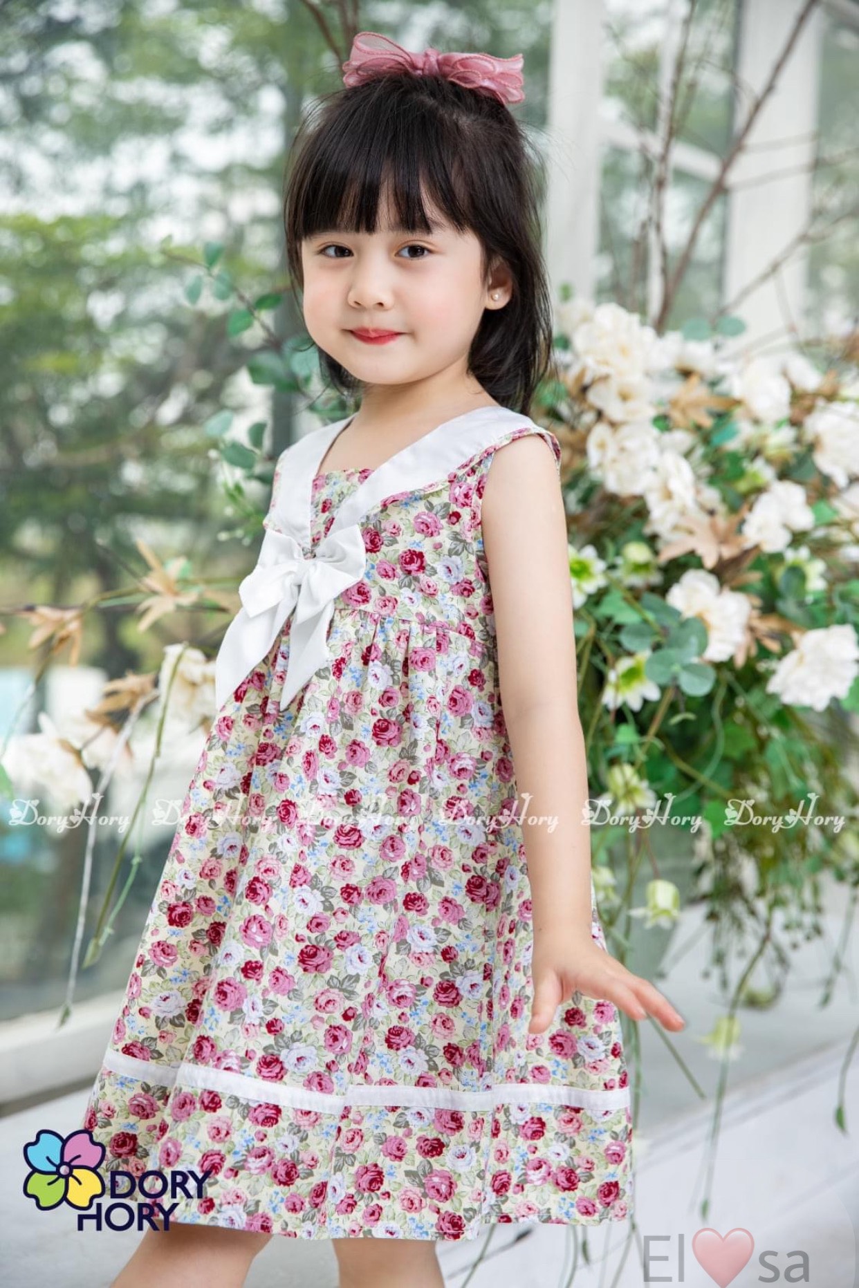Váy hoa hồng cổ nơ V89