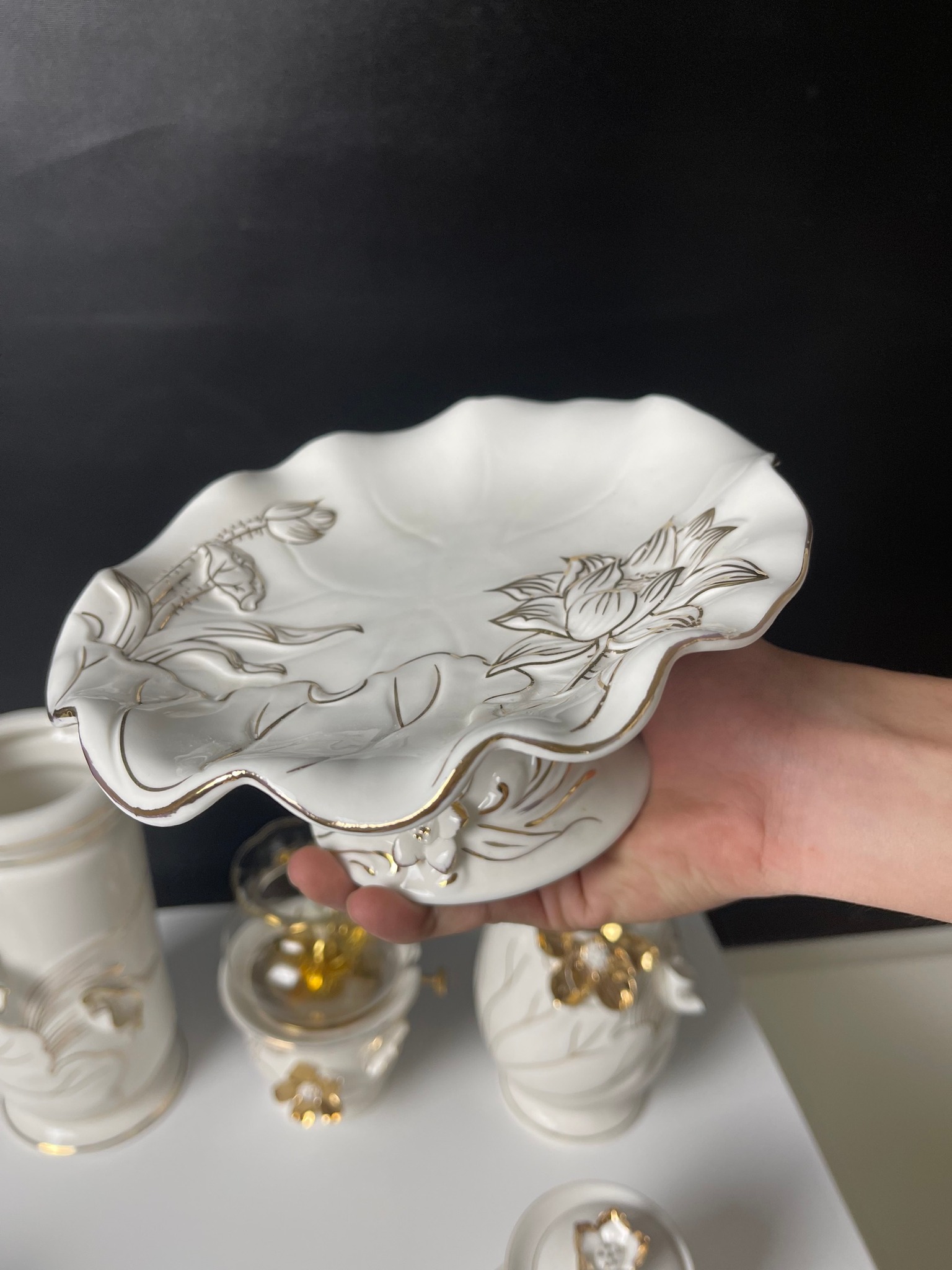 Bộ thờ cúng sứ trắng bạch ngọc kim sen