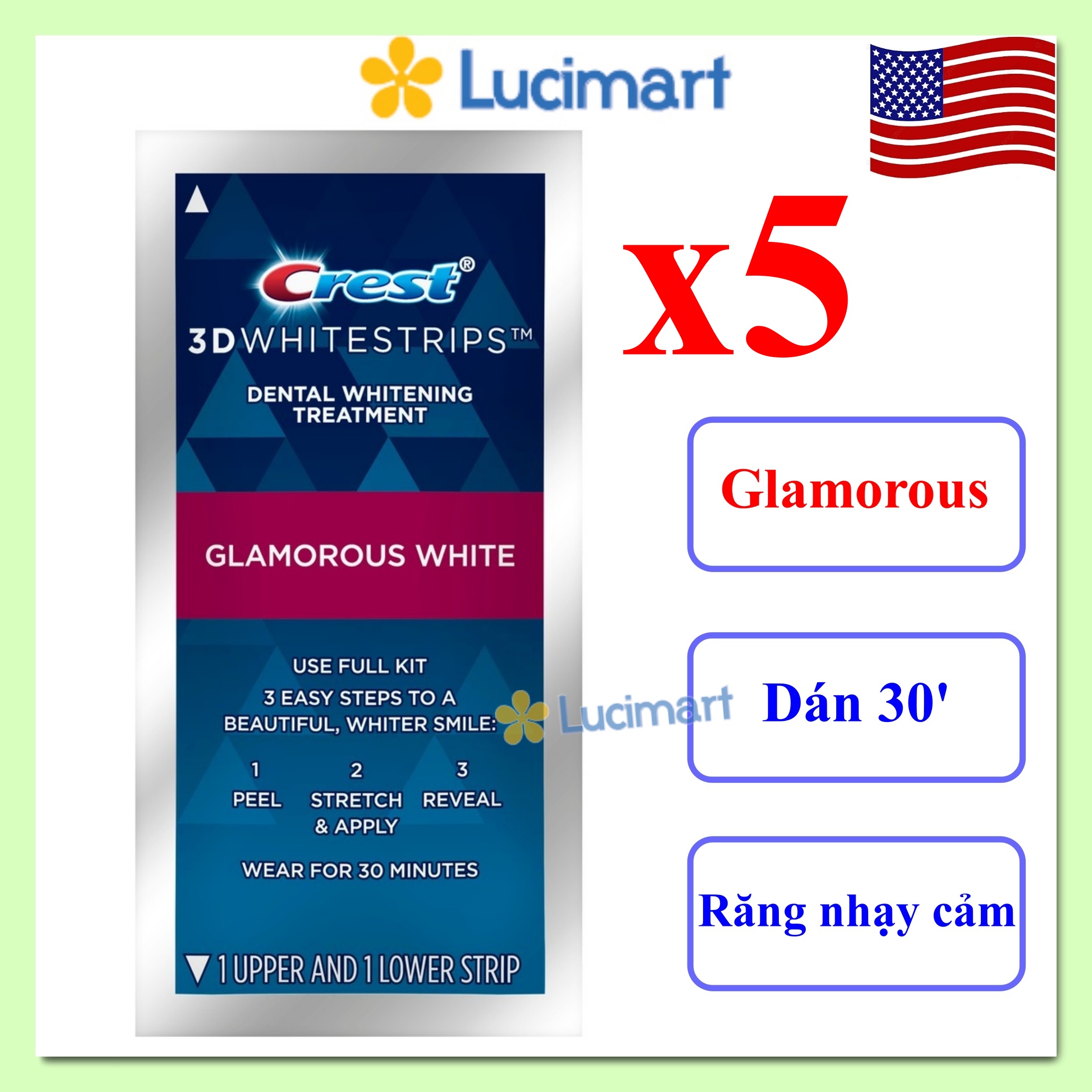 Miếng dán trắng răng Crest 3D Whitestrips Glamorous White, mẫu mới 2021 [Hàng Mỹ]