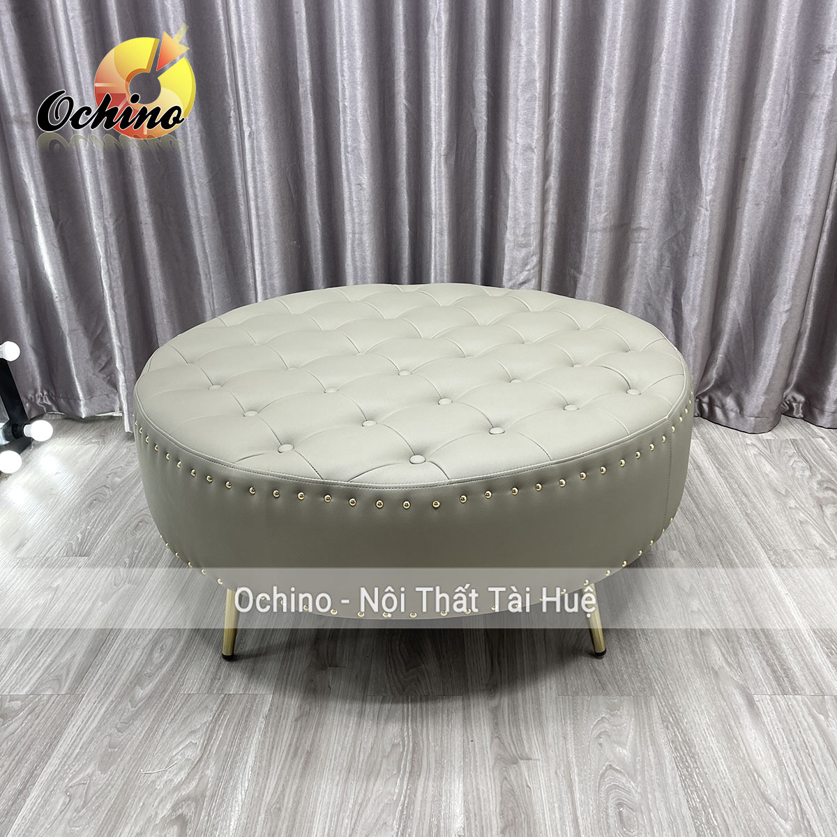 Đôn tròn sofa cho shop chân vàng sang chảnh cao 45 đk 1m