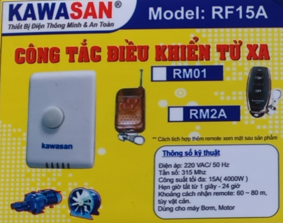 Công tắc điều khiển từ xa, công suất tải 750w, khoảng cách 100-300m (tùy môi trường sóng), 220V, Kawasan RF15A-RM01B