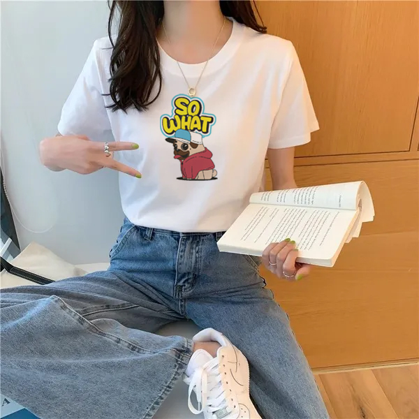 Áo thun nữ tay ngắn cổ tròn hình cún con so what - ktqn tshirt and uniform