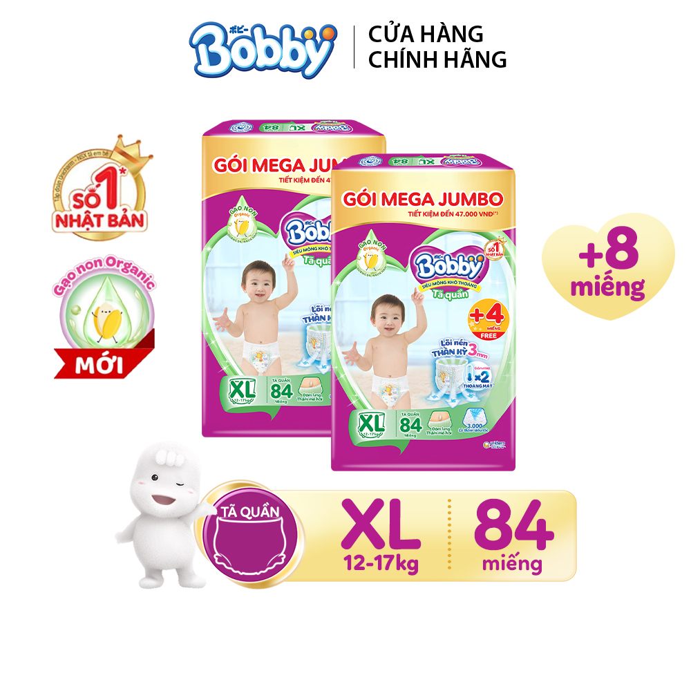[Tặng thêm 8 miếng] Combo 2 Tã/bỉm quần Bobby 3mm Gạo non XL84