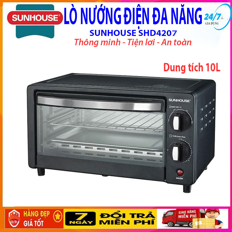 Lò Nướng Mini SUNHOUSE 10L Đa Năng SHD4207, Công suất 800W - Tiết kiệm điện năng truyền nhiệt nhanh chế độ hẹn giờ linh hoạt - Bảo hành 12 tháng - Hàng chính hãng - Mới hơn mẫu SHD4206 - Giadungbv247