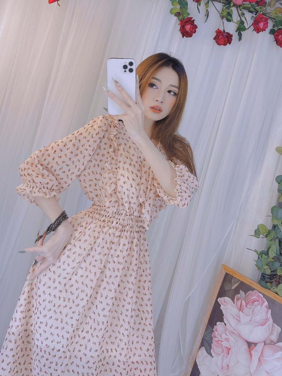 Đầm hoa viền bèo cột nơ siêu xinh - hình thật