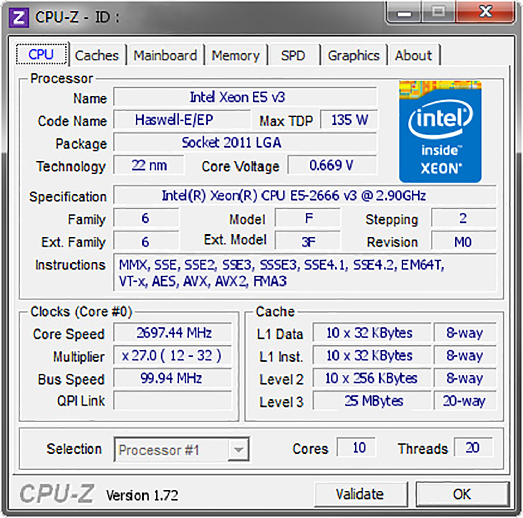CPU INTEL XEON E5 2666V3 (10C/20T, 25M CACHE, 2.9GHZ TURBO 3.5GHZ) SOCKET 2011-3. Bảo hành 12T
