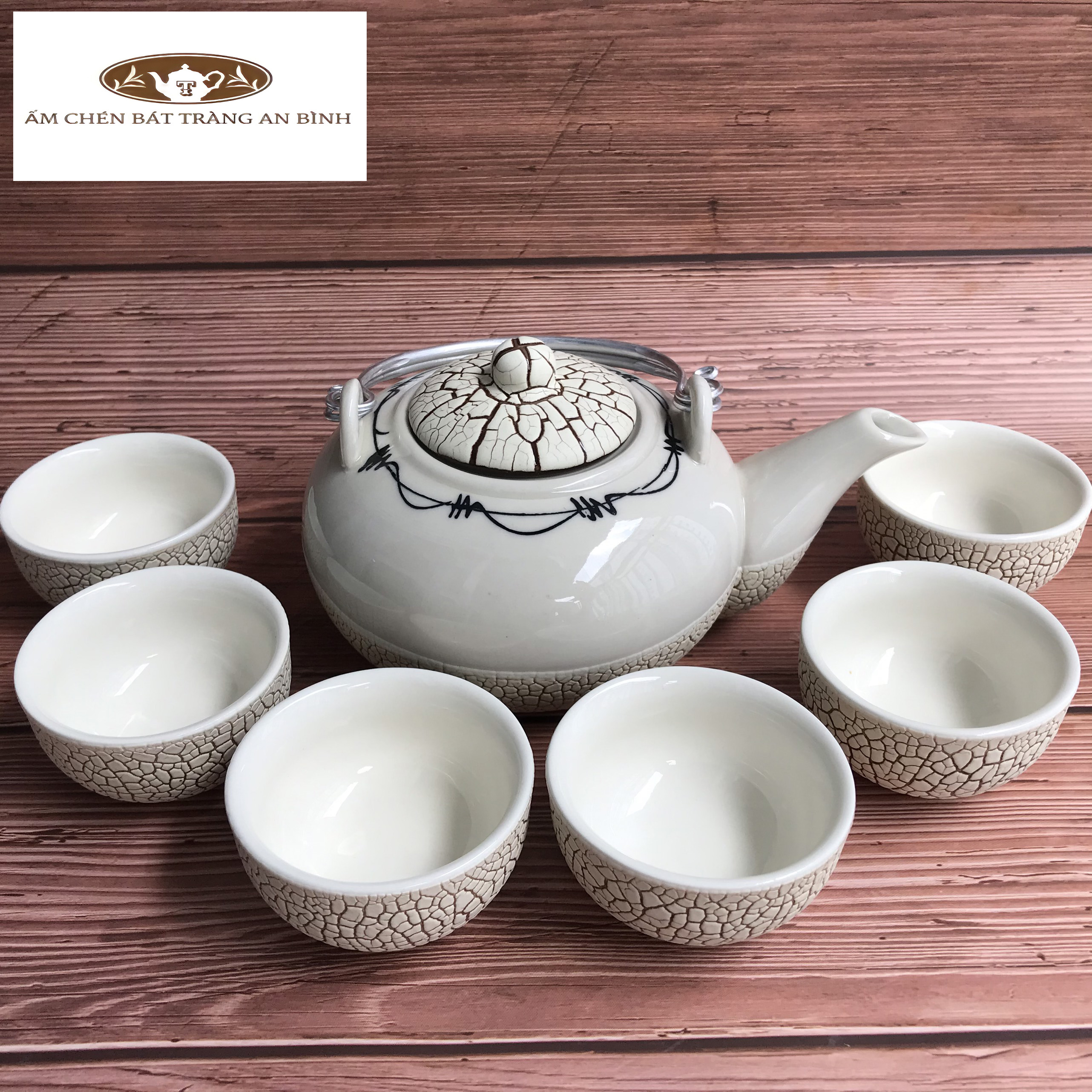 Bộ ấm chén gốm sứ Bát Tràng men Rạn Trắng Tròn