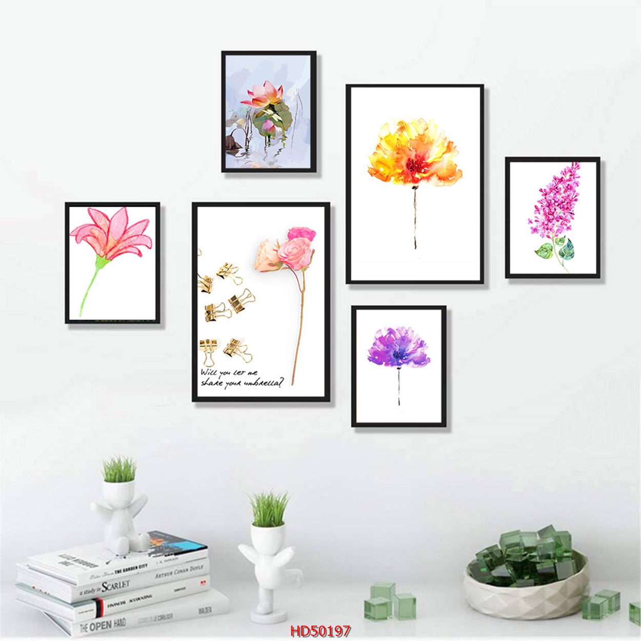 Set 6 tranh laminate tráng gương - tranh treo tường phong cách bắc âu - sắc màu hoa lá