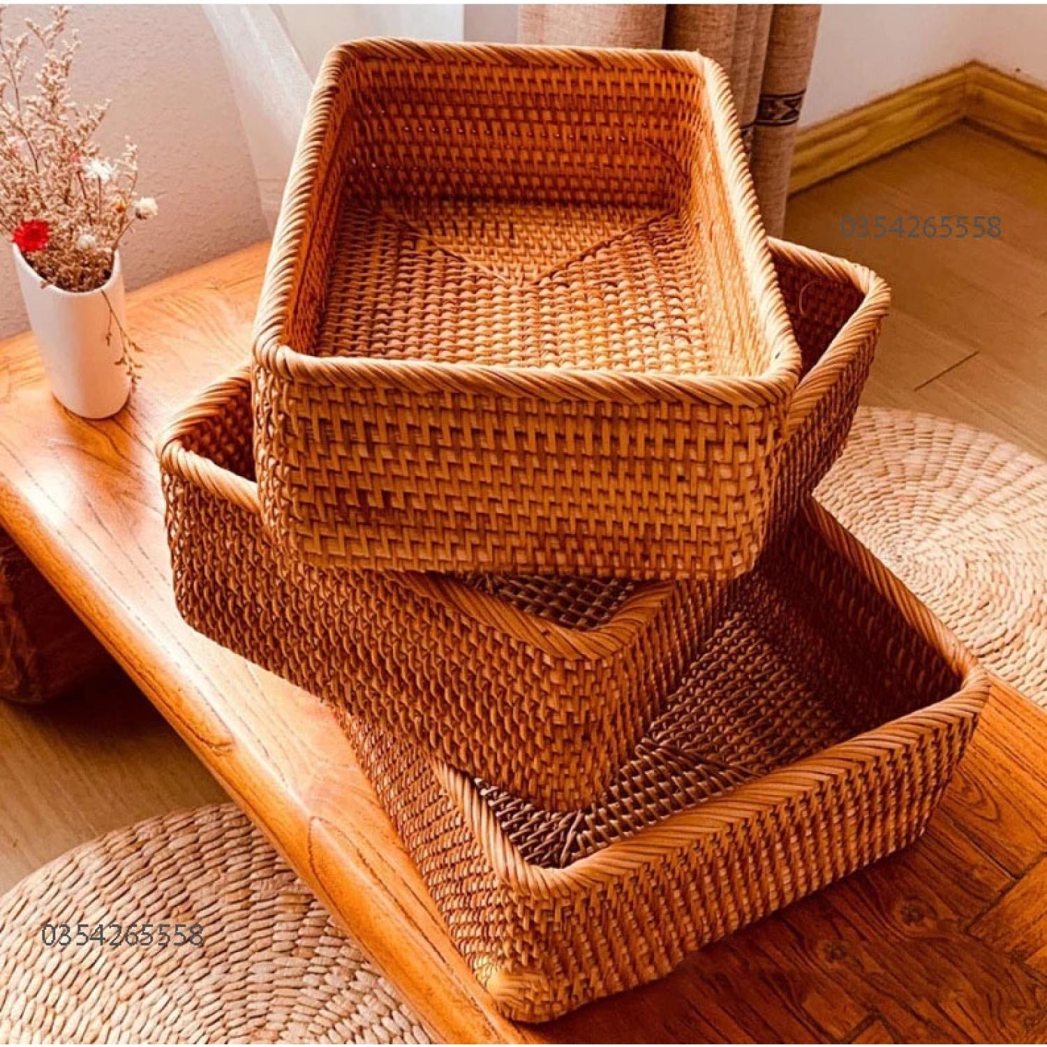 khay mây chữ nhật đựng vật dụng, trái cây