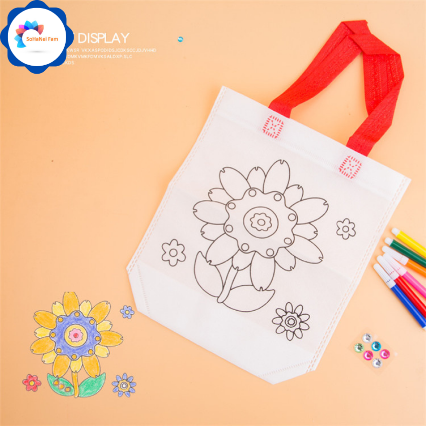 [HCM-ĐỒ CHƠI DIY] Túi Vải Graffiti, Tạp Dề Tự Trang Trí Tô Màu Cho Bé - Tặng Kèm 6 Bút Màu Lông - SOHANEI FAM -Đồ Chơi Sáng Tạo
