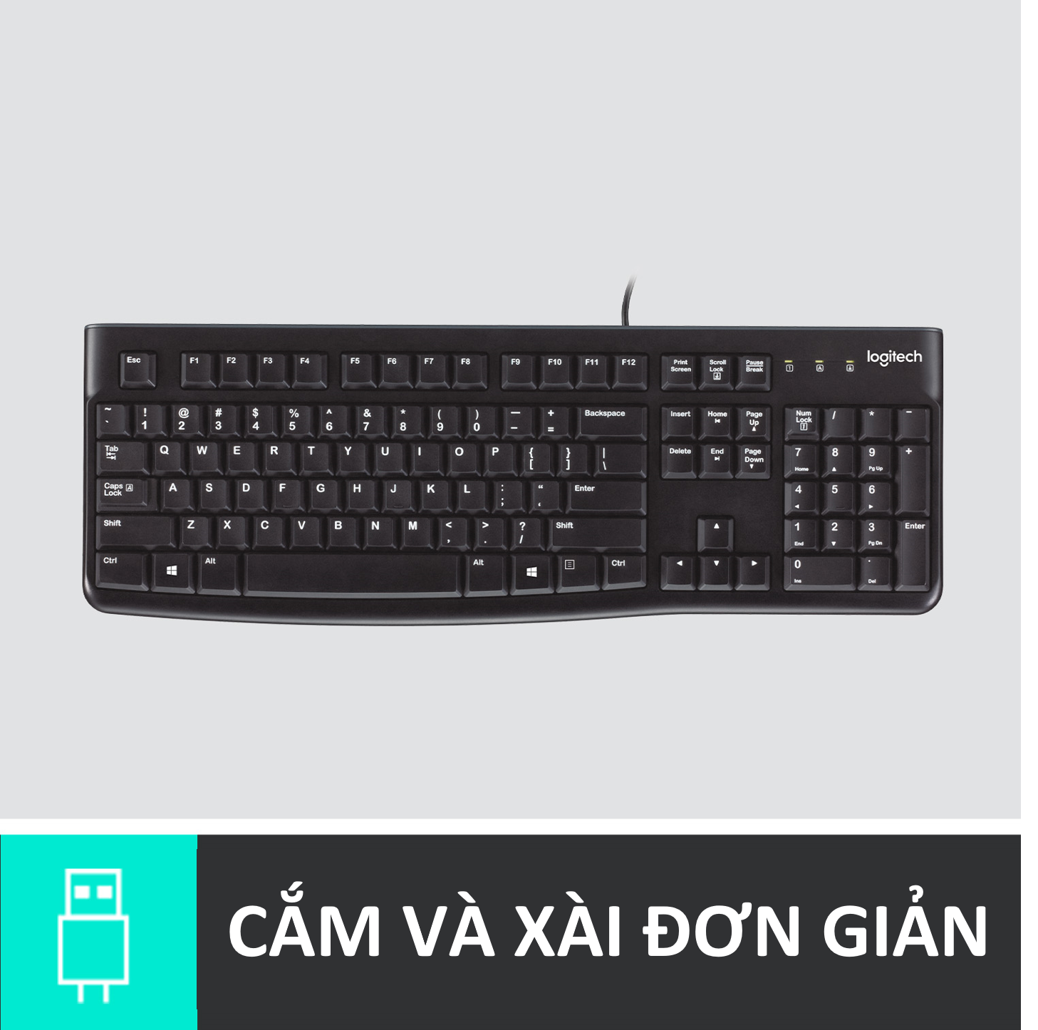 Bàn phím có dây Logitech K120 - Bền bỉ, chống tràn, có thể điều chỉnh góc độ gõ, kích thước đầy đủ có phím số