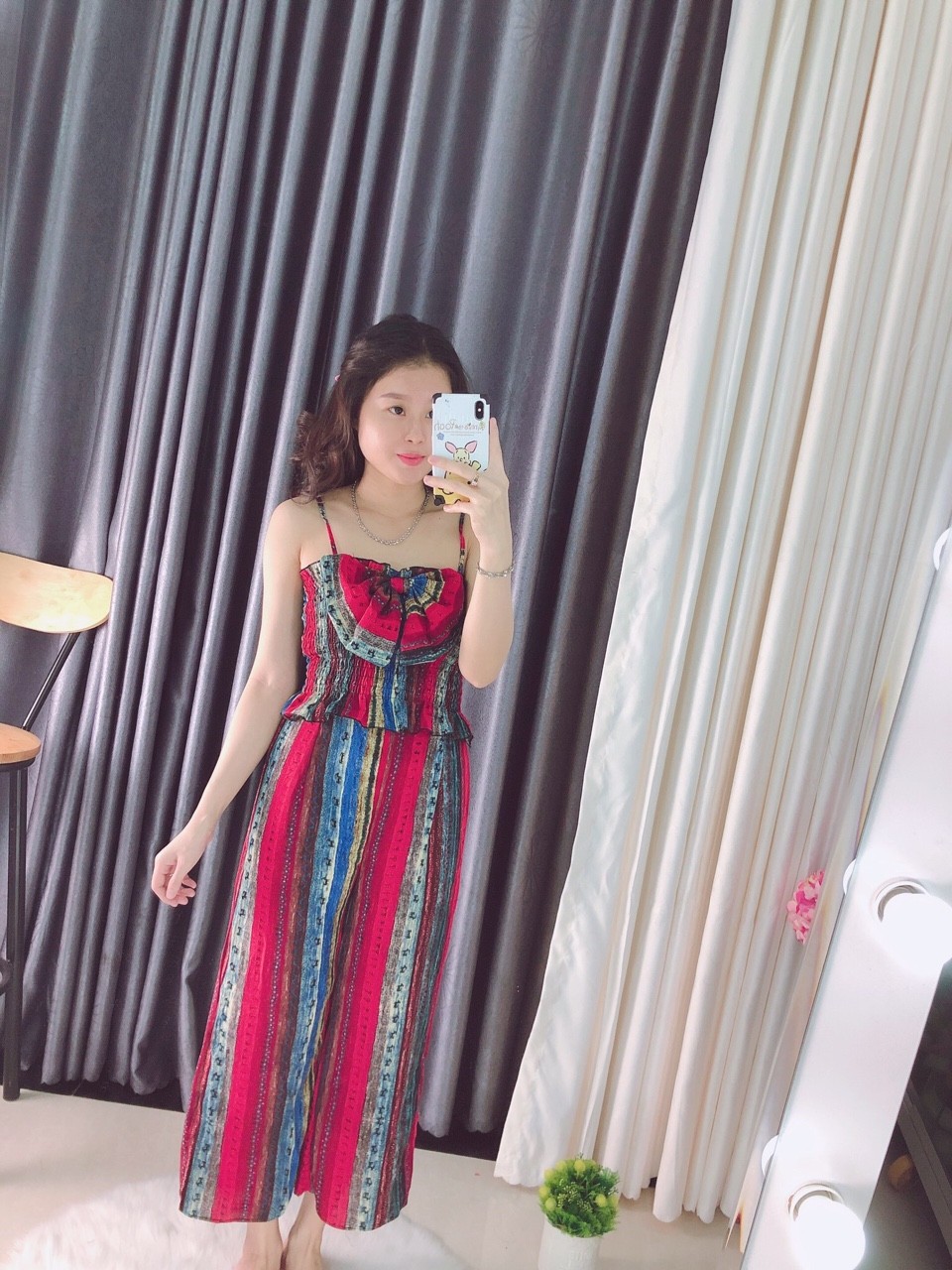 Set bộ nữ thổ cẩm quần dài ống rộng +áo 2 dây nơ ngực