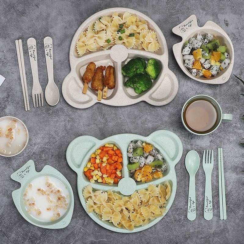 Khay ăn dặm 3 ngăn 6 món (muỗng đũa nĩa ly ca)
