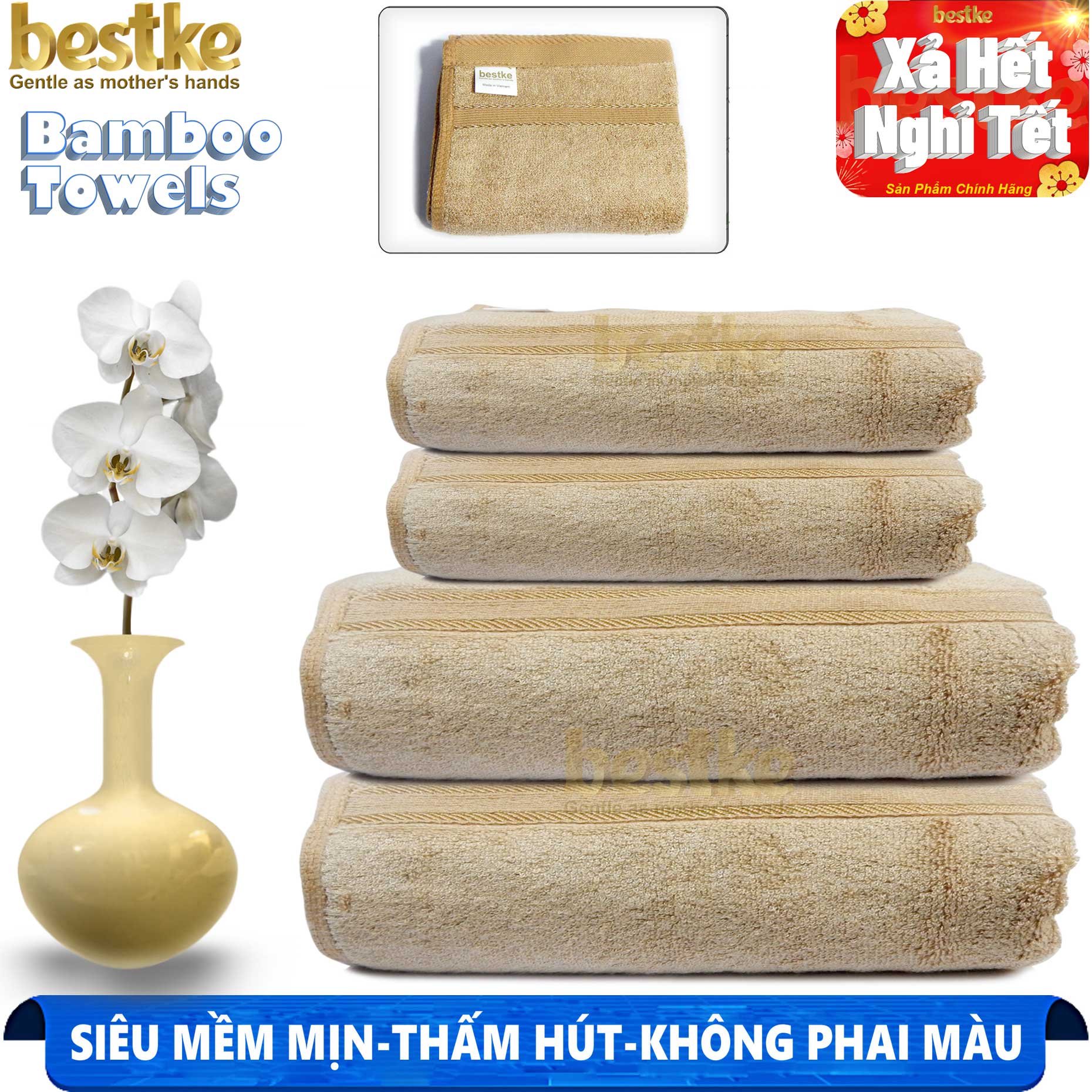 GIẢM SỐC 2 Bộ 4 khăn tắm gội sợi tre cao cấp xuất khẩu màu nâu size 120 60