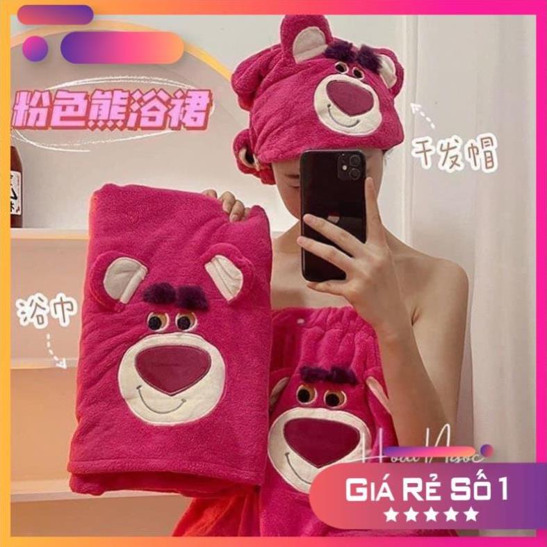 Set 2 món khăn tắm + khăn mặt gấu hồng