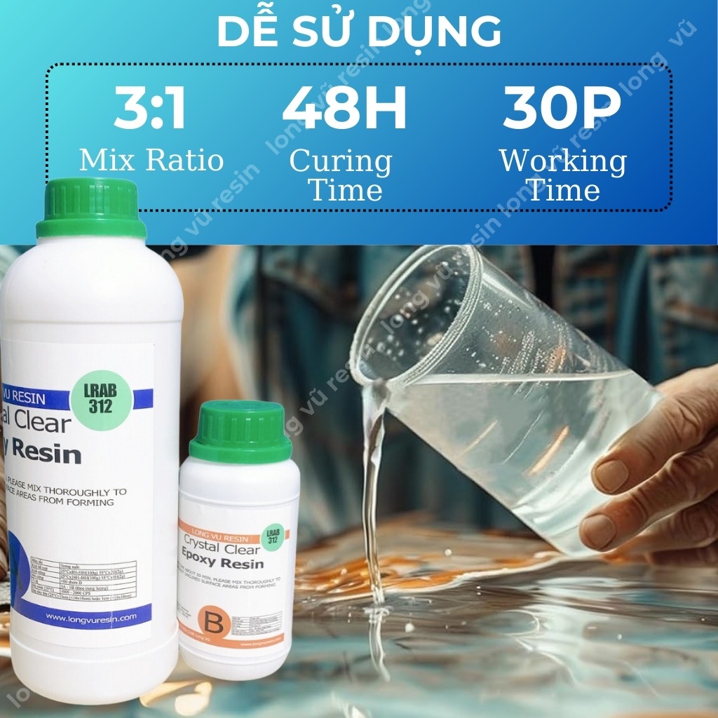Keo Epoxy đổ mặt bàn, Nhựa epoxy trong suốt đổ khuôn silicone, Epoxy resin làm handmade - Bộ 1kg - LRAB 312