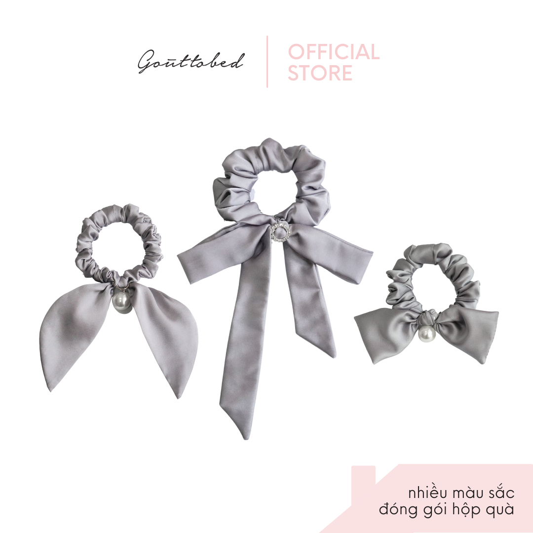 Scrunchies cột tóc nơ đính ngọc trai/đính đá Goûttobed Lụa Satin Silk (nhiều màu)