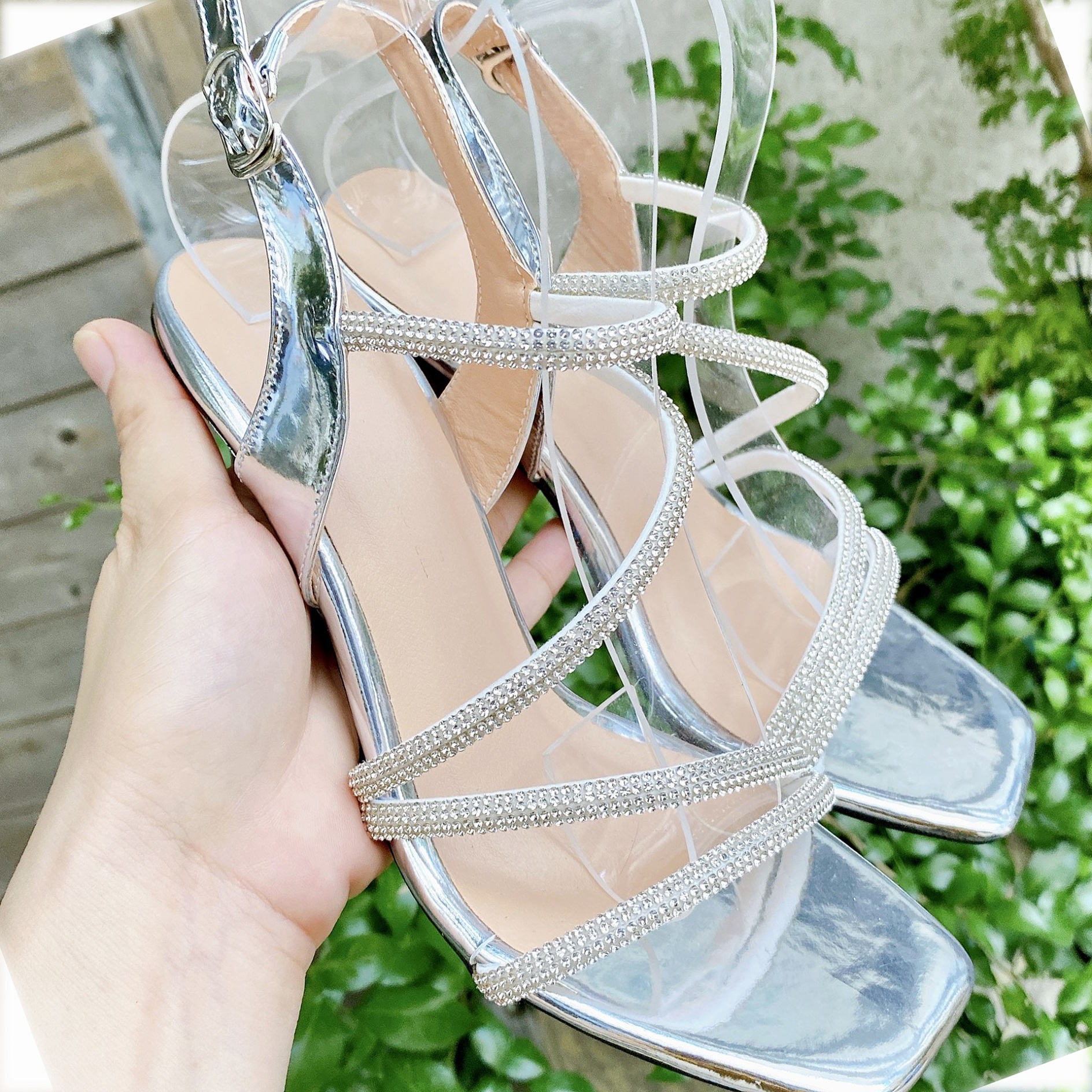 giày cao gót nữ sandal 4 dây đá 8 phân (BẠC)