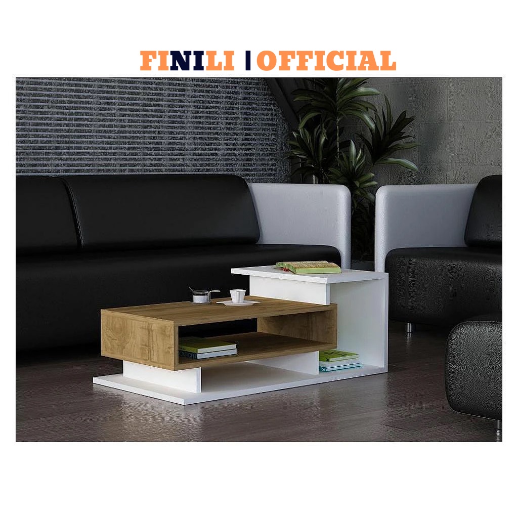 FREESHIP Bàn trà sofa 2 tầng - Bàn trà gỗ _ Bàn trà ngồi bệt FINILI trắng kết hợp vân gỗ sồi đẹp phòng khách, spa, quán cà phê thiết kế sang trọng FNLO91