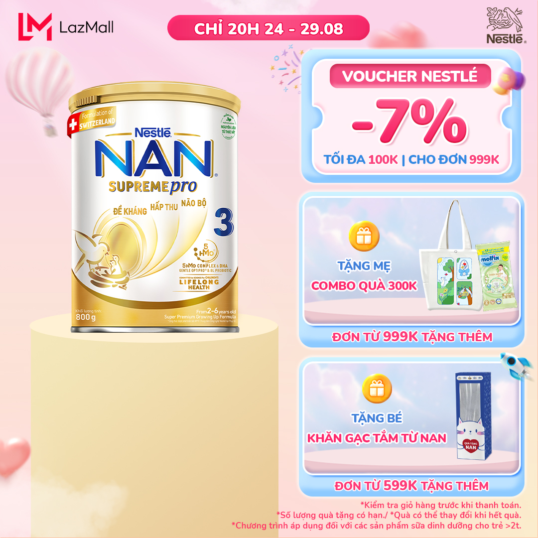 (CHỈ 18-20.8 QUÀ TẶNG ĐH 599K)Sữa bột Nestlé NAN SupremePro 3 800g nhập khẩu từ Đức với 5HMO giúp tăng đề kháng, đạm Gentle Optipro giúp dễ hấp thu & ngừa nguy cơ dị ứng (chàm sữa)