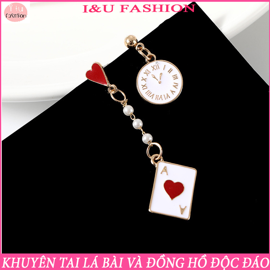 Bông tai nữ Khuyên tai nữ đồng hồ và lá bài trái tim đỏ gắn hạt ngọc trai bất đối xứng độc đáo thời trang màu trắng cực xinh xắn cá tính KT-55