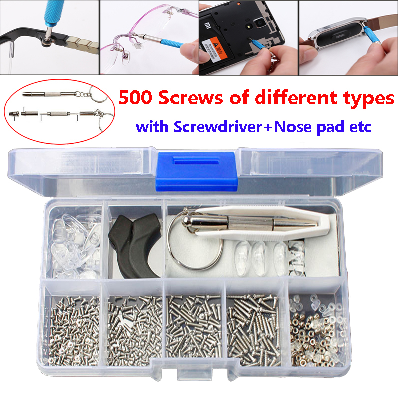 Giá bán 【READY STOCK】Repair Eyeglasses Tool Kit 500Pcs Screws+4-In-1 Screwdriver+10Pairs Nose Pads+Eary Hook and Storage Box