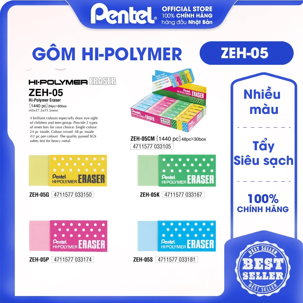 Gôm Tẩy Chì Nhiều Màu Nhật Bản Pentel Hi Polymer ZEH05_CME - Tẩy Siêu Sạch, Ít Bụi, Ít Độc Hại - Cam Kết Nhập Khẩu Và Phân Phối Chính Hãng
