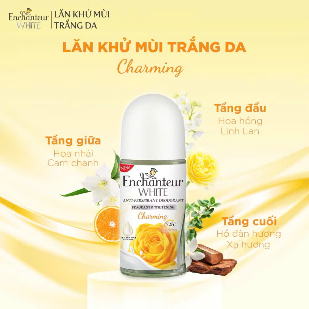 Lăn Khử Mùi Enchanteur Trắng Da 25ml – Ngăn Mùi Suốt 72h, Khô Thoáng, Hương Nước Hoa Pháp Quyến Rũ