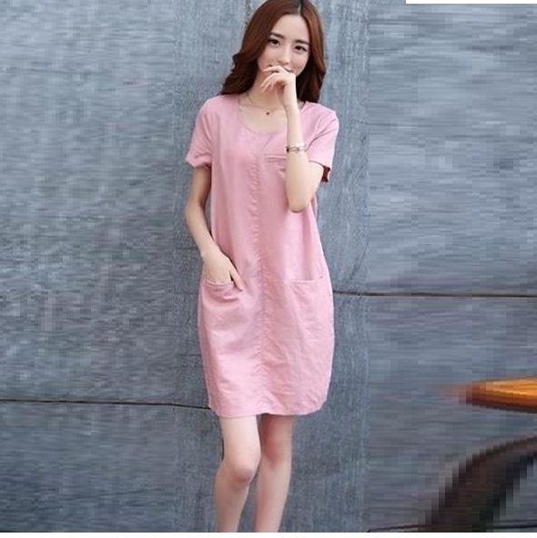 Đầm suông thô đũi cổ tròn 2 túi trước chất đũi mềm mát thích hợp mùa hè