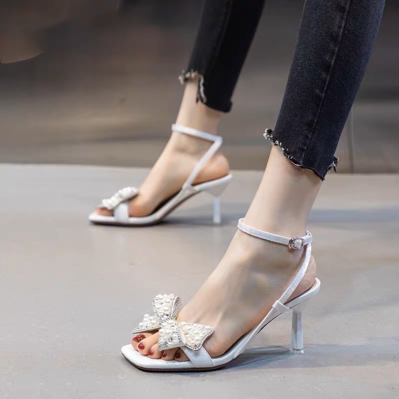 sandal cao gót đính nơ đá ngọc cao 7 phân lấp lánh