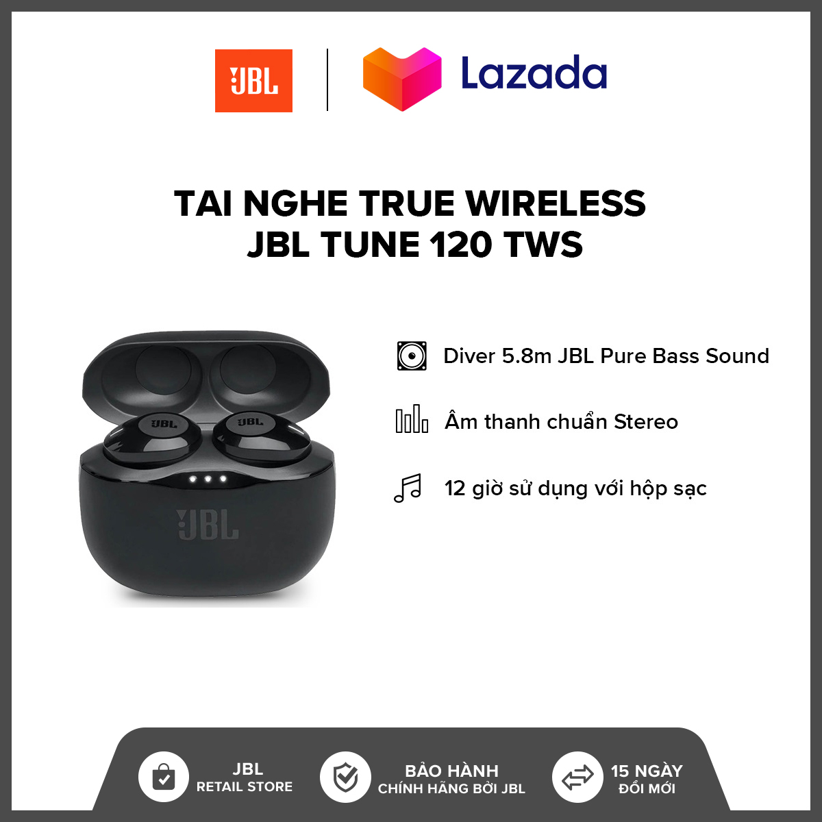 [HÀNG CHÍNH HÃNG] Tai Nghe True Wireless JBL Tune 120 TWS l JBL Pure Bass Sound l  Driver 5.8mm l 16h phát nhạc l  Trợ lý áo Siri/ Google Assistant