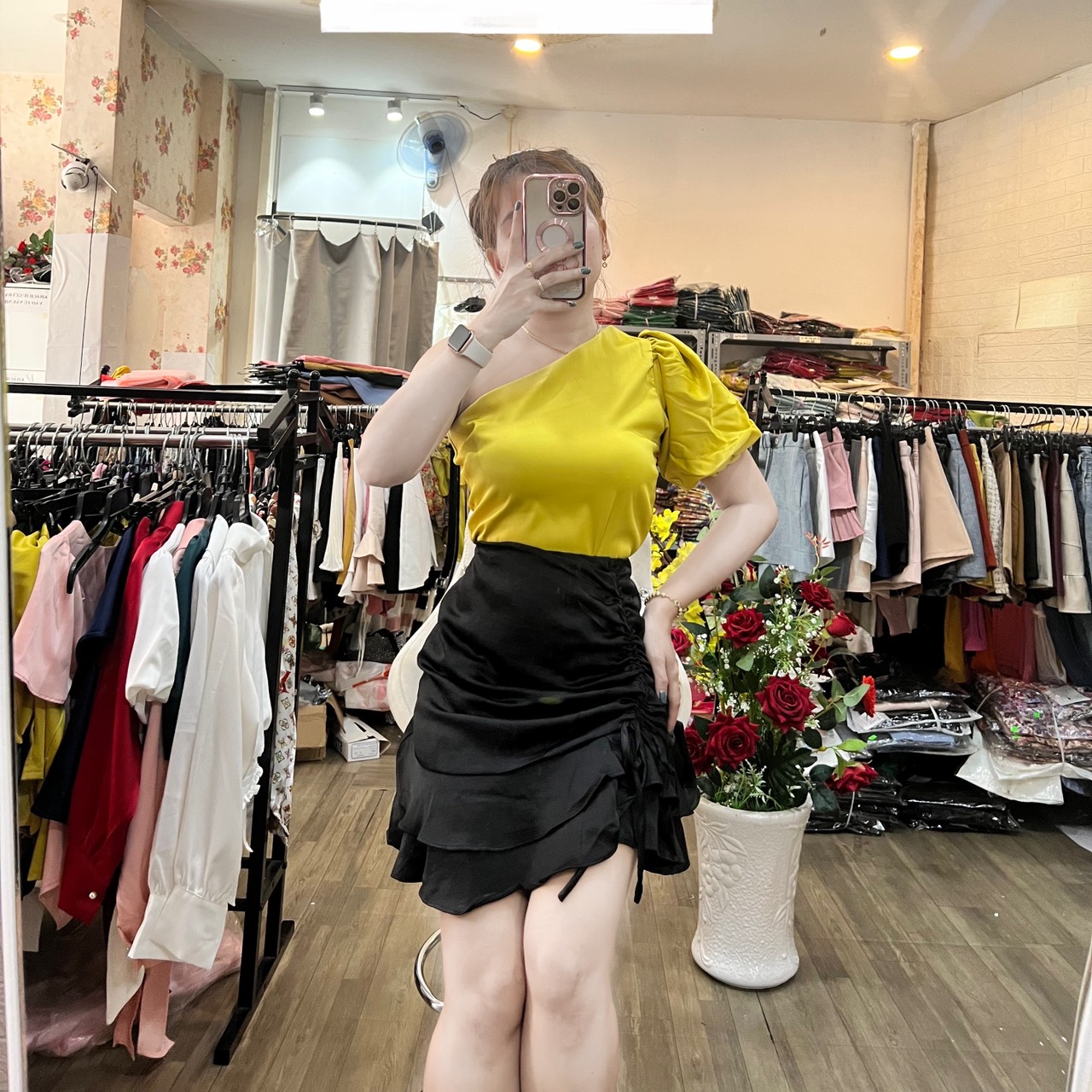 [HCM]HÌNH THẬT 100% ÁO LỤA LỆCH VAI TAY PHỒNG NHIỀU SIZE HÀNG THIẾT KẾ