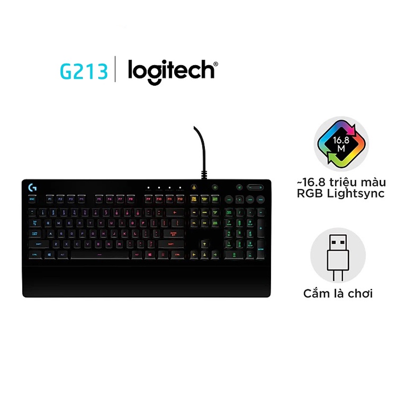 Bàn phím game có dây Logitech G213 Prodigy - RGB Lightsync, phím Media chuyên biệt, chống tràn bền bỉ - Hàng