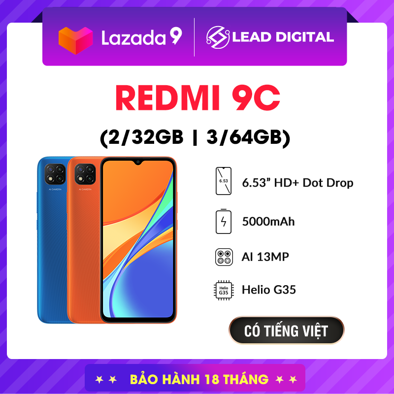 [BẢN QUỐC TẾ] Điện thoại Xiaomi Redmi 9C 2GB/32GB, Chip MediaTek Helio G35 8 nhân (12 nm), Màn hình giọt nước 6.53 HD+, Camera 13MP, Pin 5000 mAh siêu trâu, Cày game ngày đêm - BH Chính hãng 18 tháng