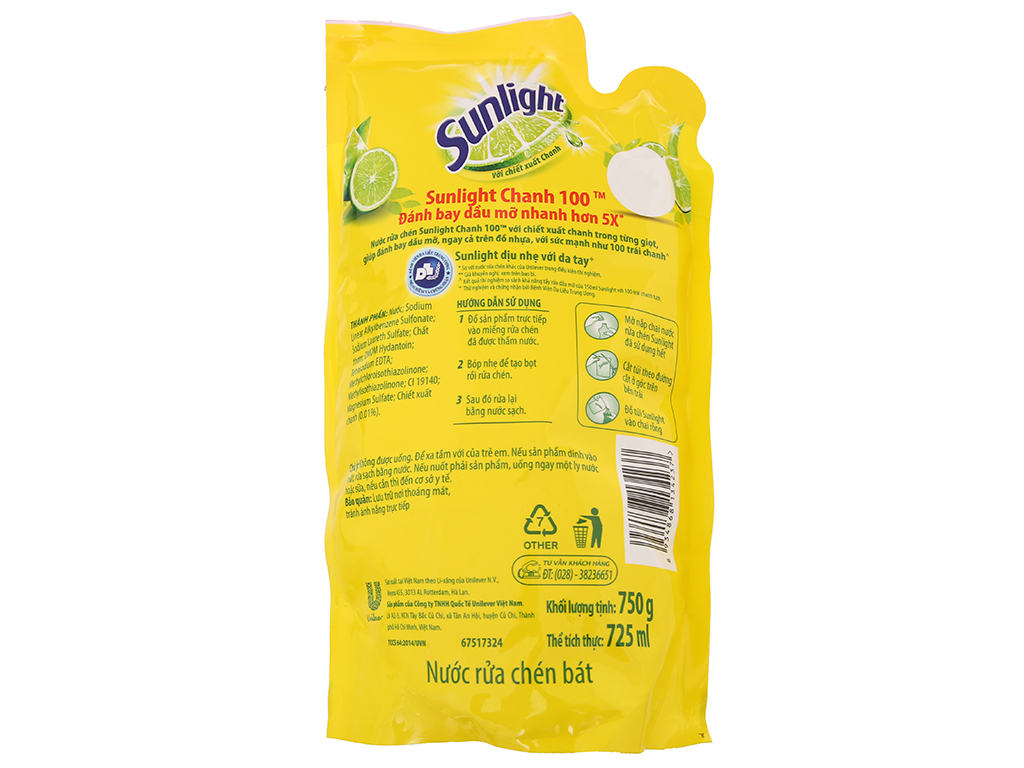 Nước rửa chén Sunlight Chanh 100 Túi 750g