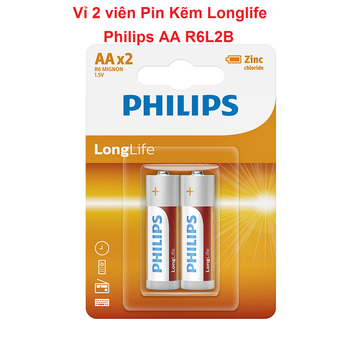 Vỉ 2 viên Pin Kẽm Longlife Philips Hàng chính hãng