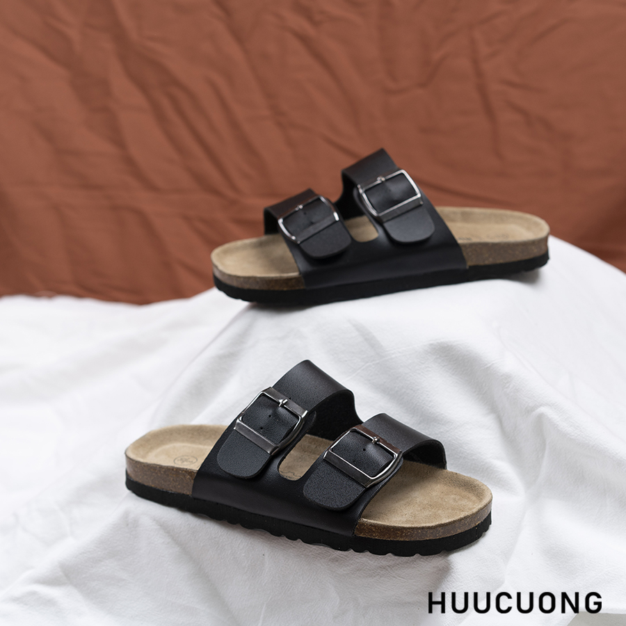 Dép đế trấu unisex 2 khóa da pu đen
